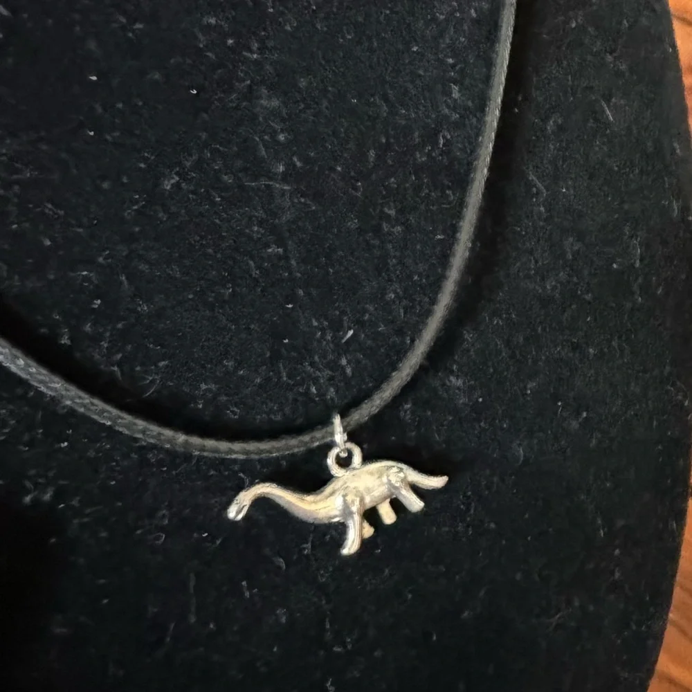 Silver Dinosaur Pendant Adjustable Leather Cord Necklace